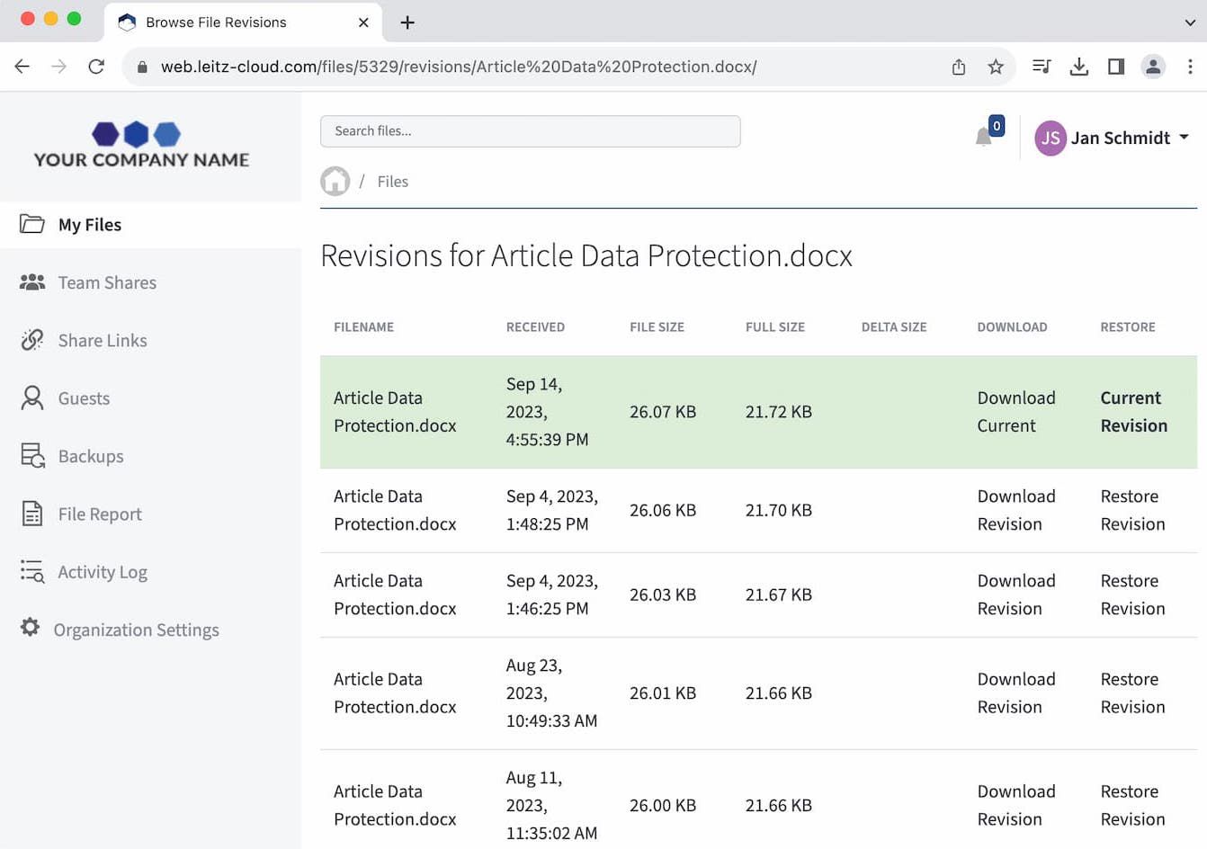 Screenshot Revisionen abrufen