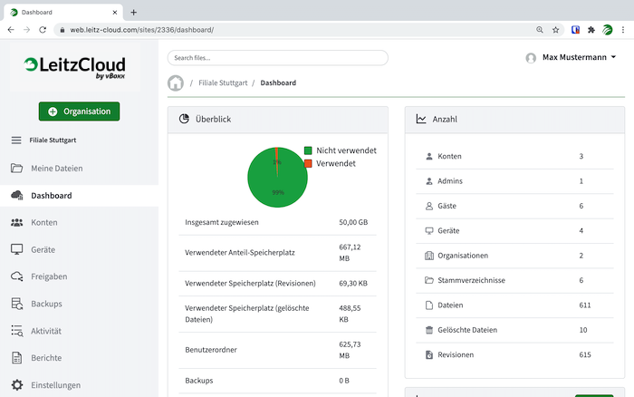 web interface of the leitzcloud dashboard